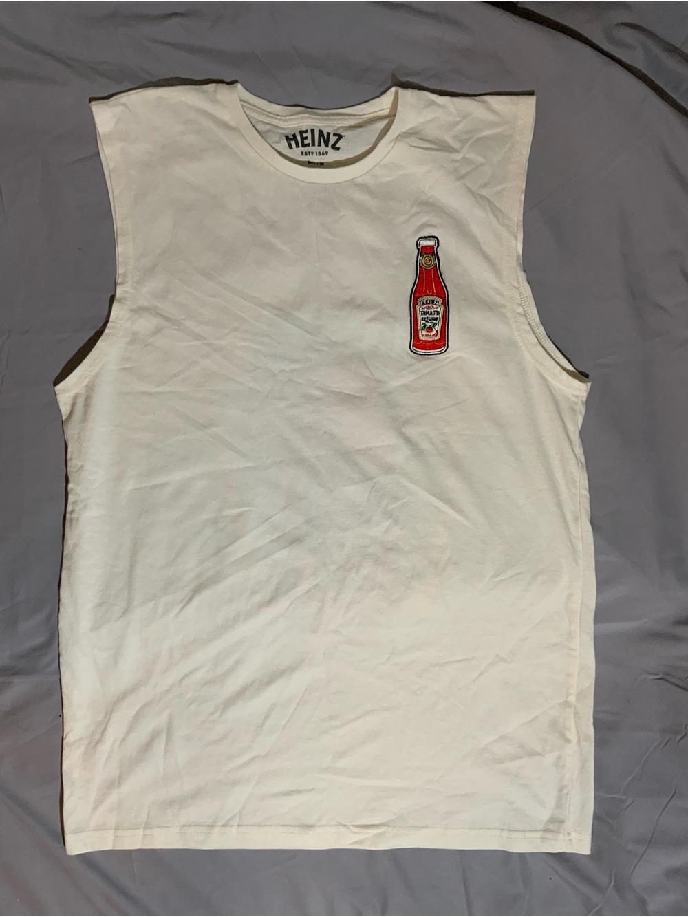 White Sleeveless Tank with Red Ketchup Bottle Patch -M